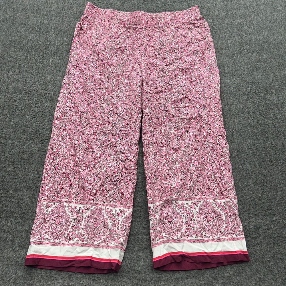 J. Jill Pink Paisley Wide Leg Crop Pants Womens M Elastic Waist Border Hem Boho